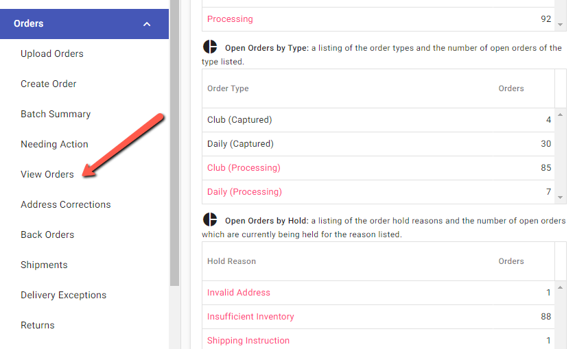 View Orders screen in fulfillment portal