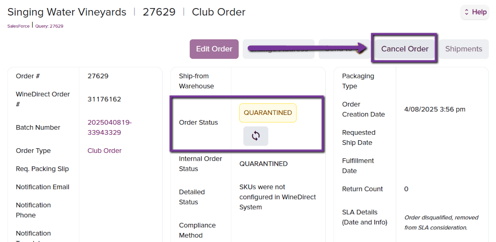 Cancel Order button for quarantined orders