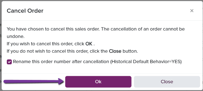 Quarantined order cancellation confirmation dialog