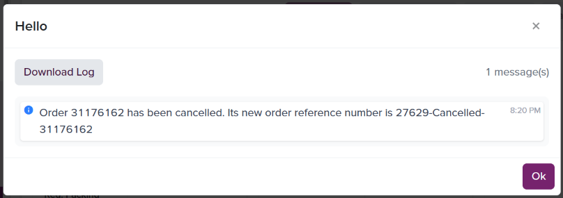 Successful cancellation receipt for quarantined order