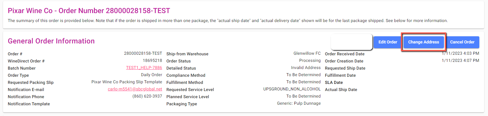 Change the Address button in order details