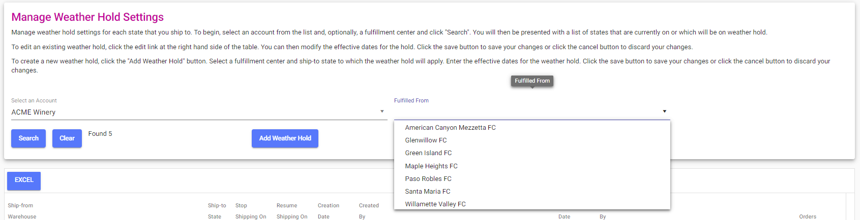 Configure weather holds interface with account and location filters