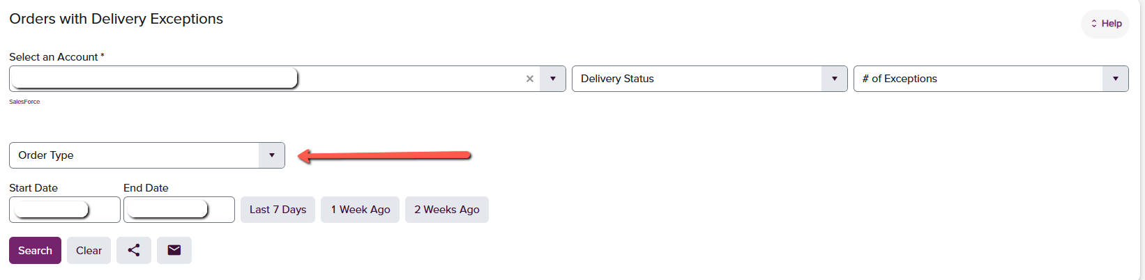 Delivery exceptions search interface with advanced options