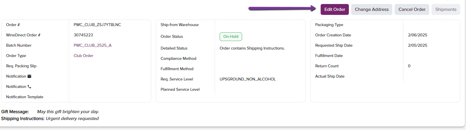 Edit Order button in General Order Information section