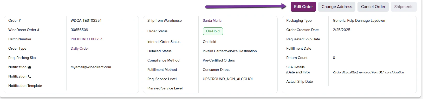 Edit Order button in General Order Information section
