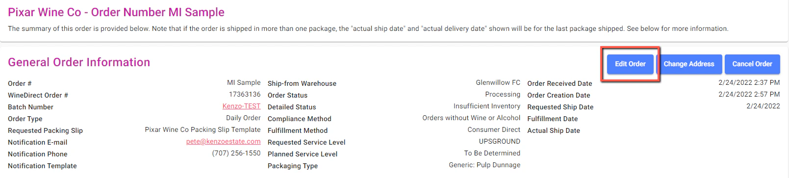 Edit Order button in General Order Information section