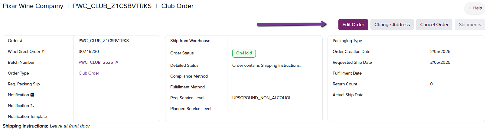 Edit Order button to access gift message functionality