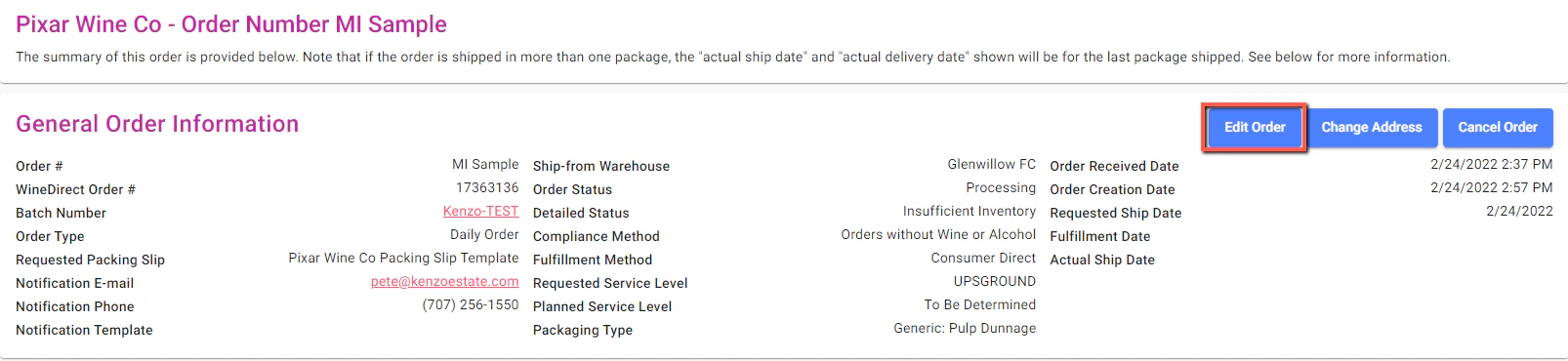 Edit Order button in General Order Information section