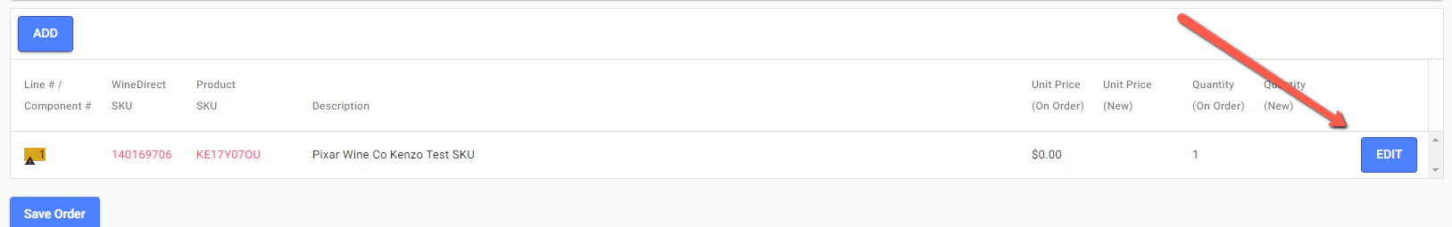 Edit button next to product line item for quantity change