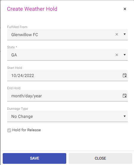 Edit weather hold popup window with date selection options