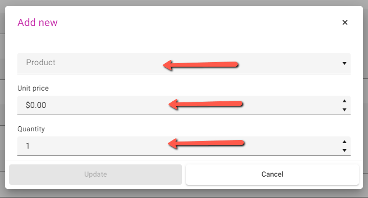 Add new product dialog with SKU, price, and quantity fields