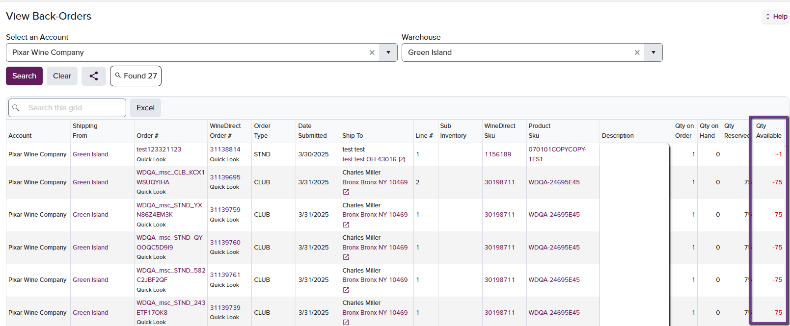Back Orders page showing order-level line items on hold