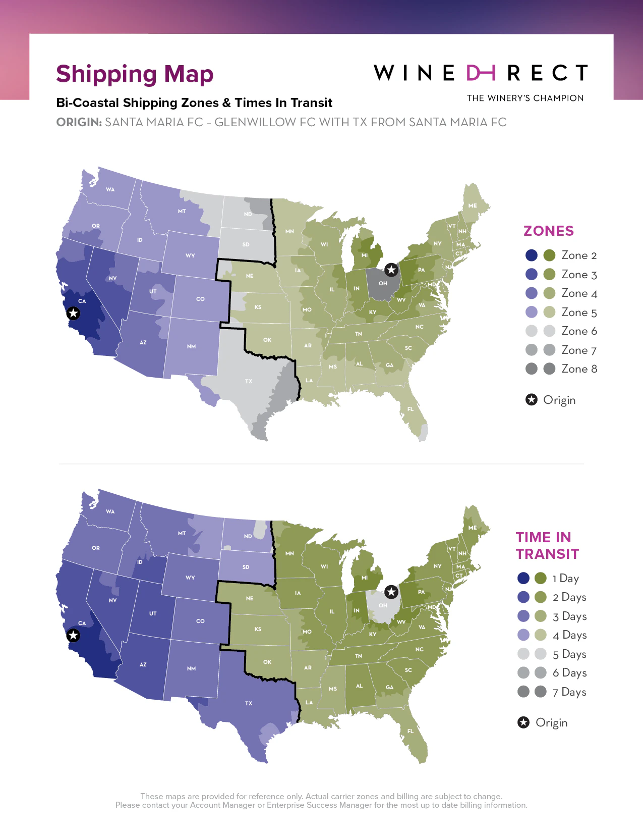 Bi-Coastal Shipping Map from SMA, CA to GLENWILLOW, OH