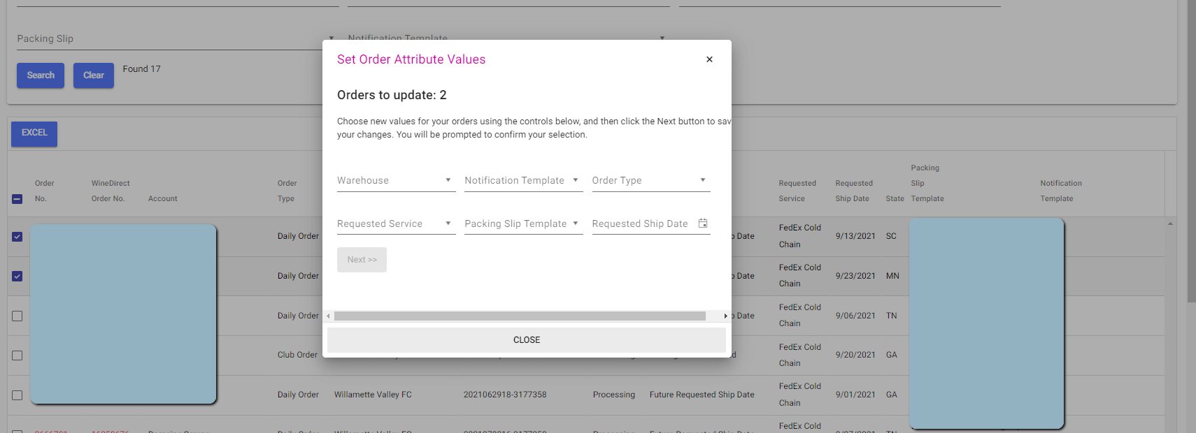 Order attributes selection window
