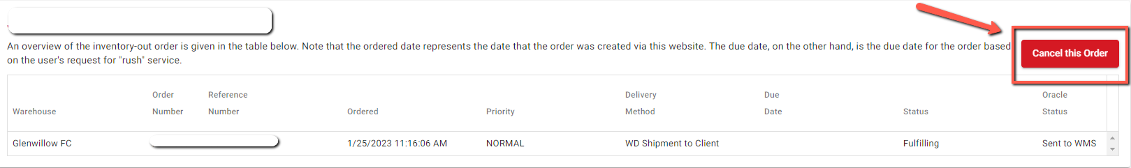 Cancel this order button