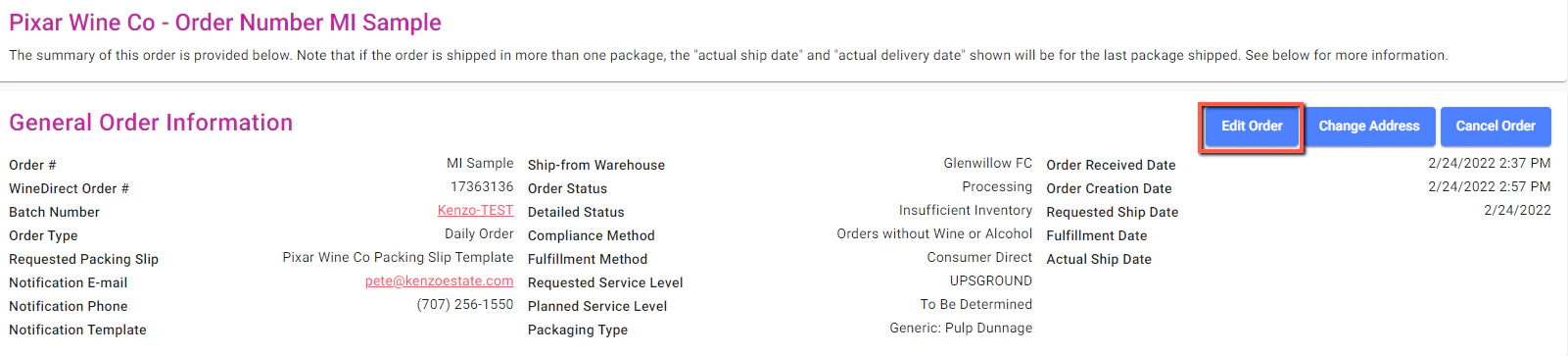 Edit Order button on the upper right of order details screen