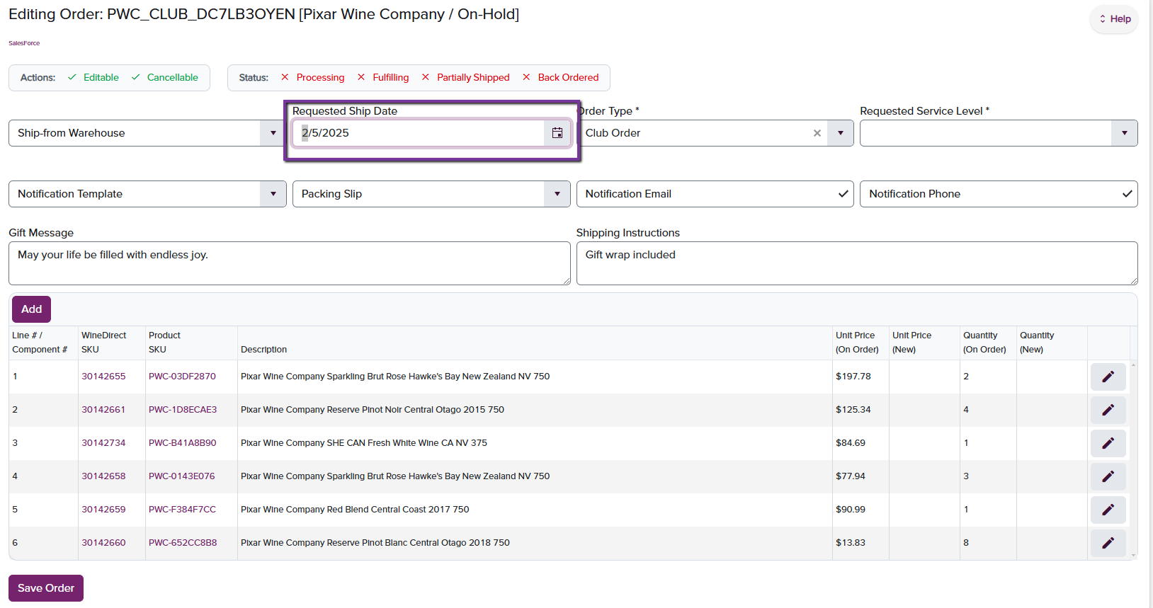 Requested ship date calendar selection interface