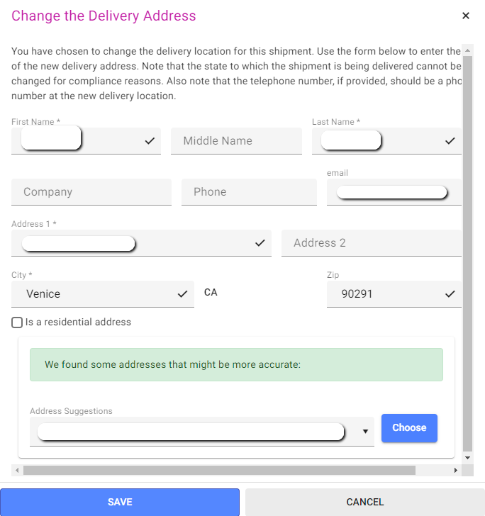 Address change interface for package rerouting