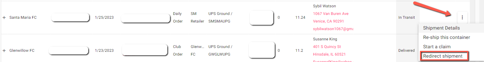 Package rerouting menu options