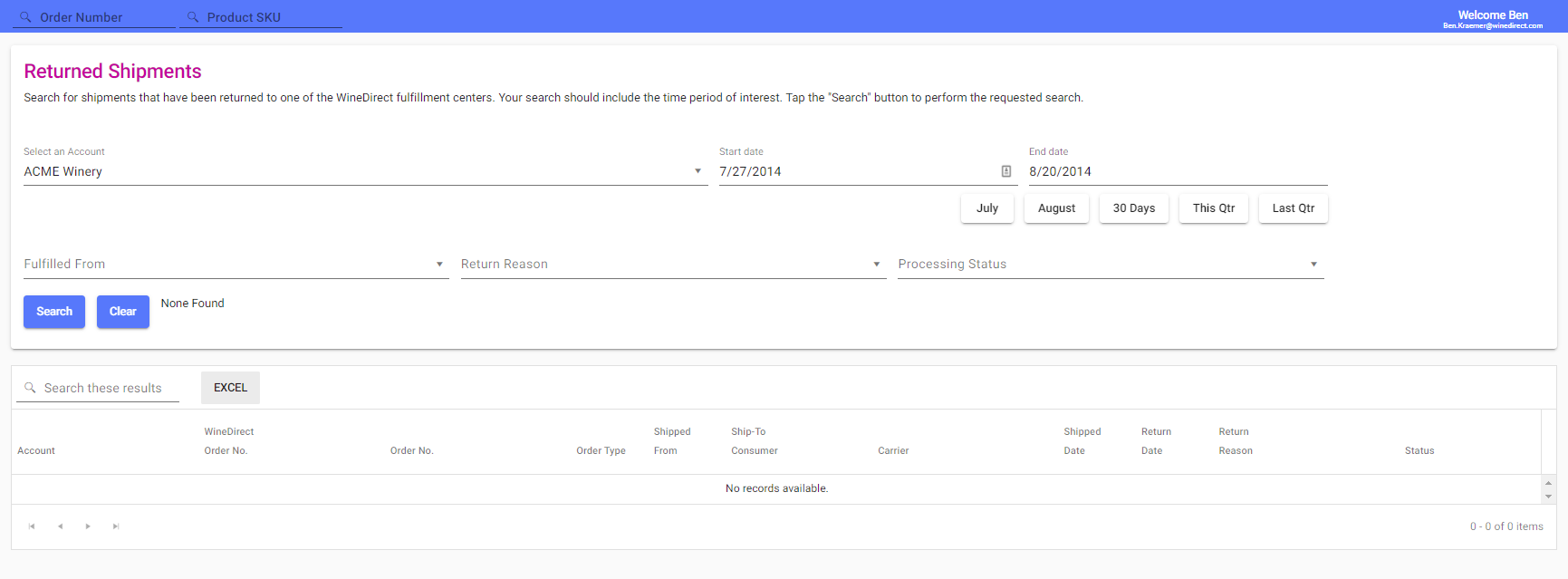 Returns management interface