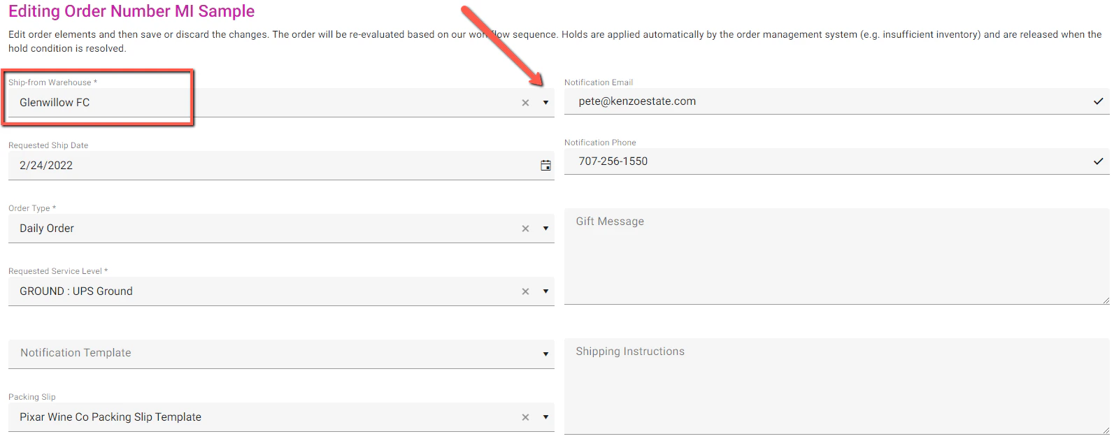Available warehouse options for ship-from selection