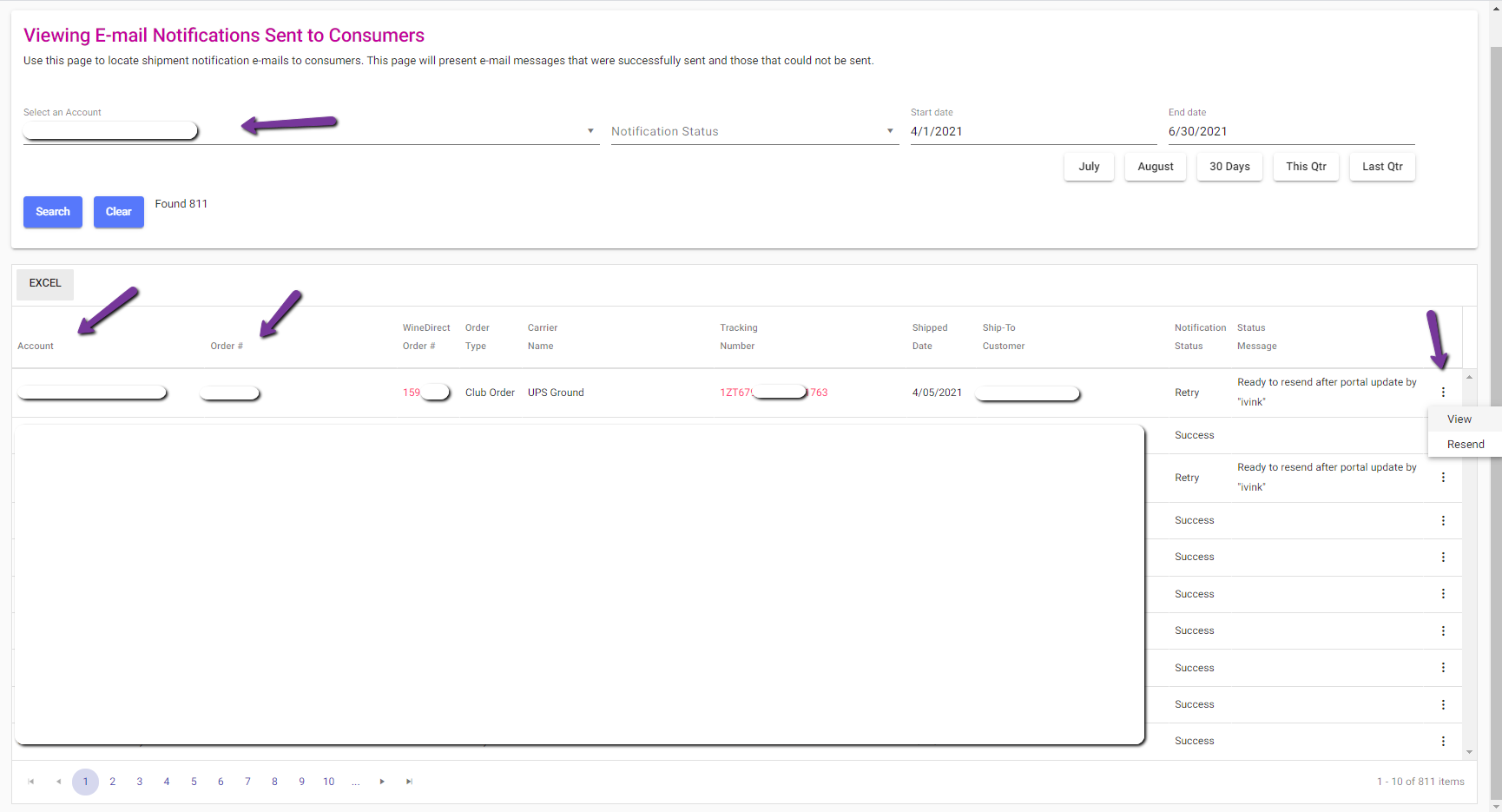 Shipment notification log interface showing email status and tracking information