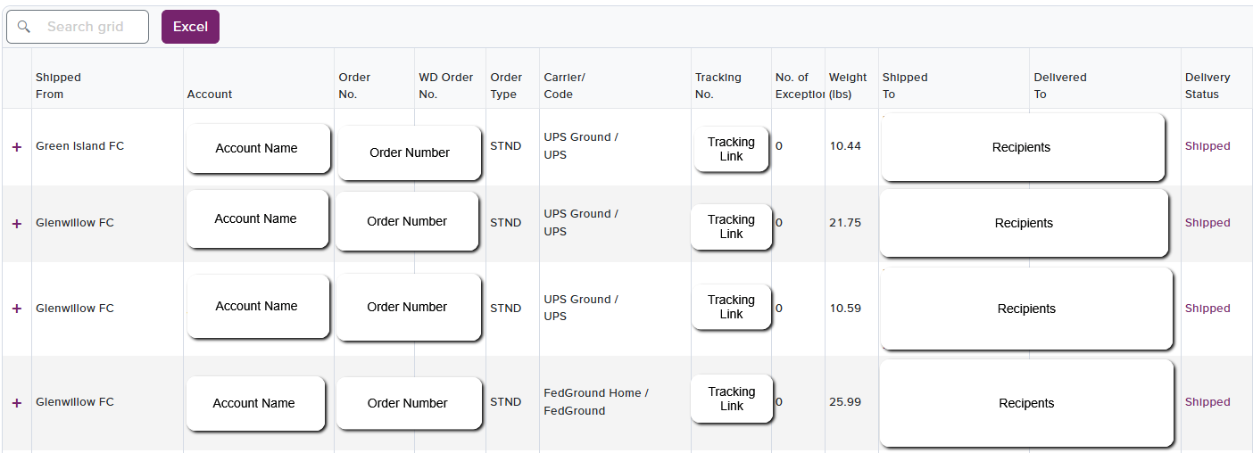Shipments search results with export and view options