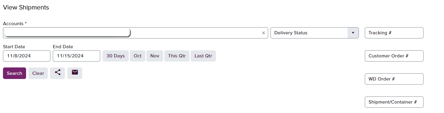 Shipments search interface with various search options