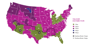 Temperature-controlled shipping routes map showing coverage areas and transit times