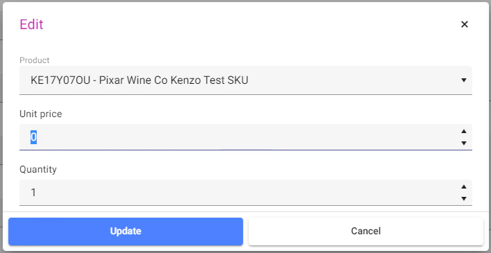 Unit price field for entering new SKU price
