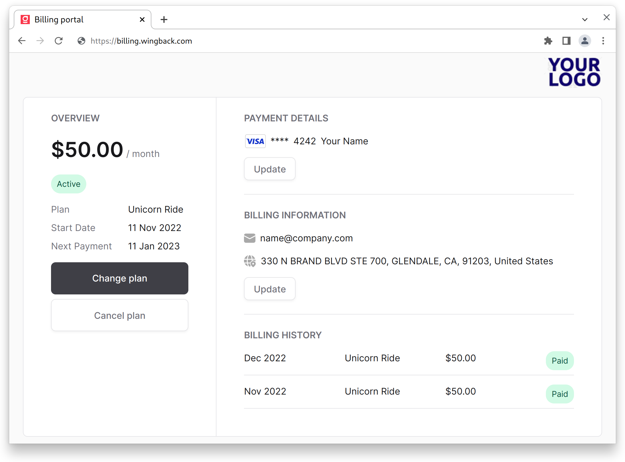 Self-Serve Billing Portal Example