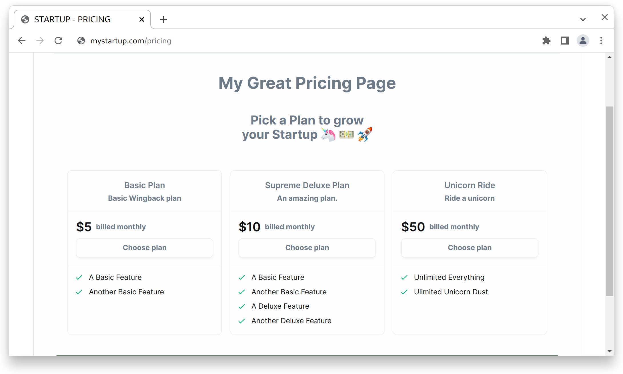 Rendered Pricing Page Example