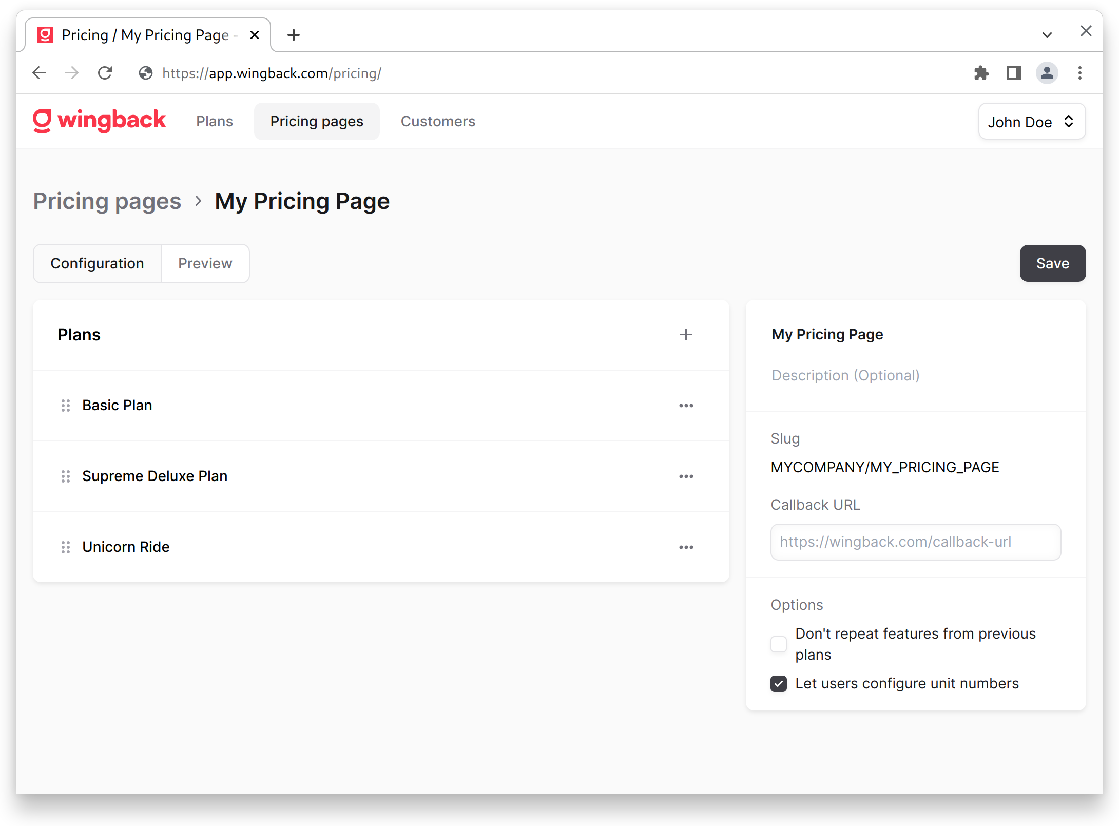 Pricing Page Creation in the Wingback Application