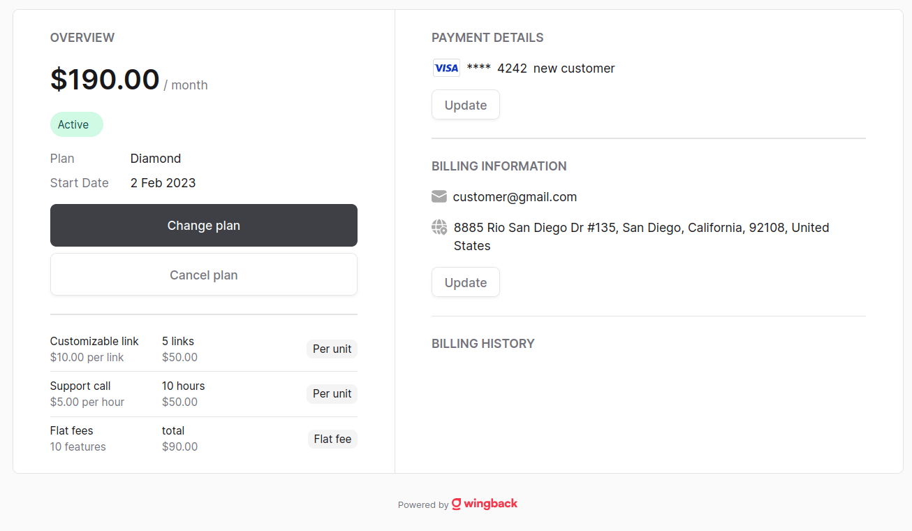 Customer Billing Portal showing the recently signed up contract