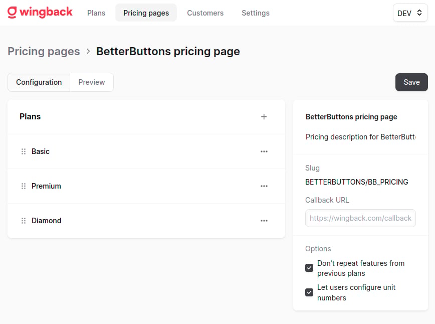 Pricing Page Creation in the Wingback Application