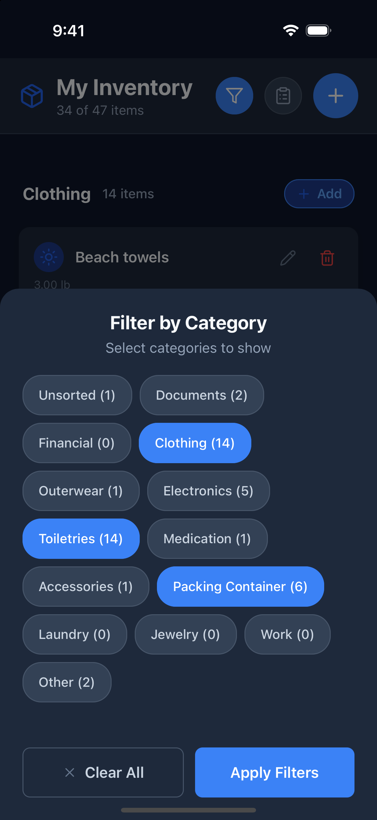 The Filter by Category modal with Clothing, Toiletries, and Packing Container selected. The header behind it shows how many items match the current filter.