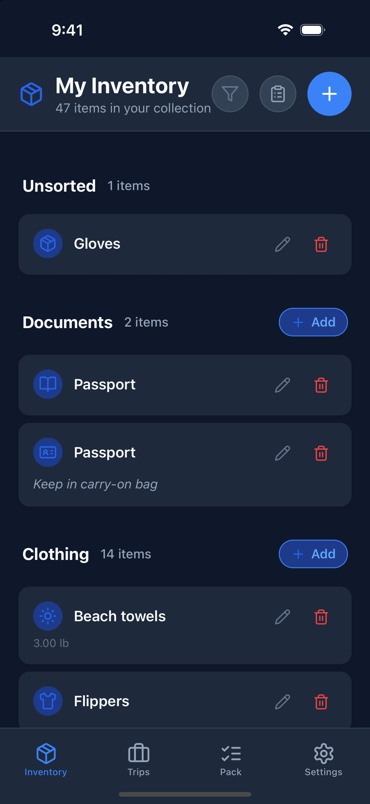 The Inventory tab showing items organized by category such as Documents and Clothing, each with a pencil icon to edit and a trash icon to delete, and the four-tab navigation bar at the bottom of the screen.