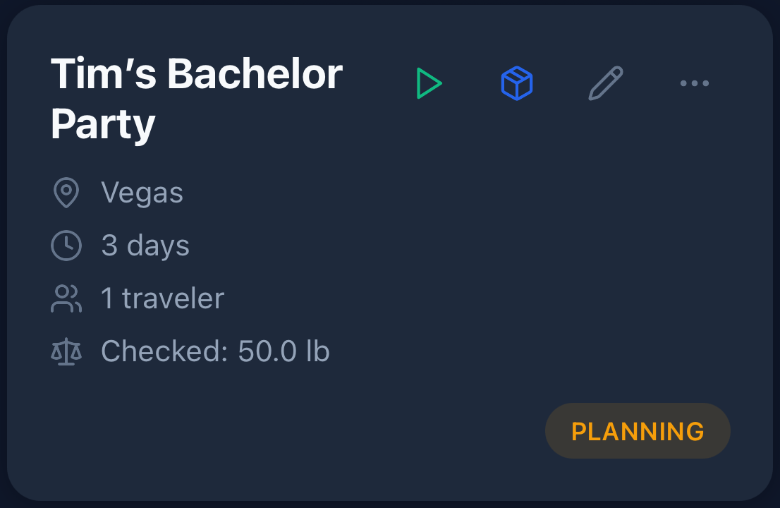 A trip card showing its checked-bag weight cap listed below the destination, length, and traveler count.