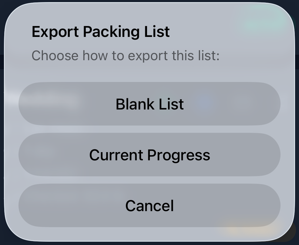 The Export Packing List alert showing Blank List and Current Progress options.