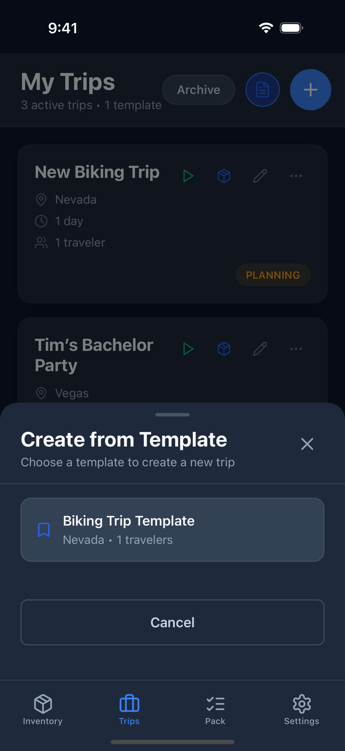 The Create from Template sheet showing a list of saved templates to choose from, each showing its name, destination, and traveler count.