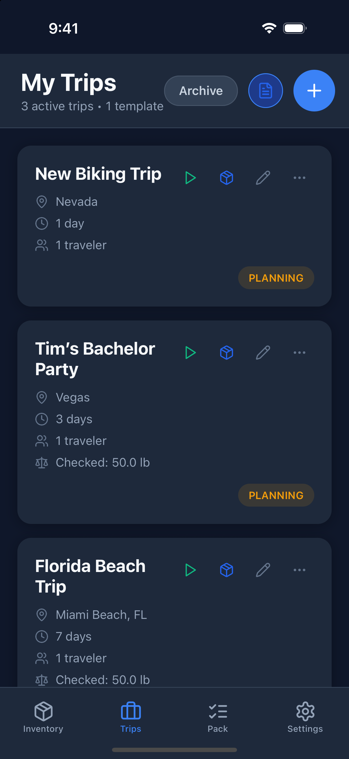 The Trips tab with trip cards showing each trip's destination, length in days, traveler count, and Planning status badge, with play, items, pencil, and ⋯ buttons across the top of each card.