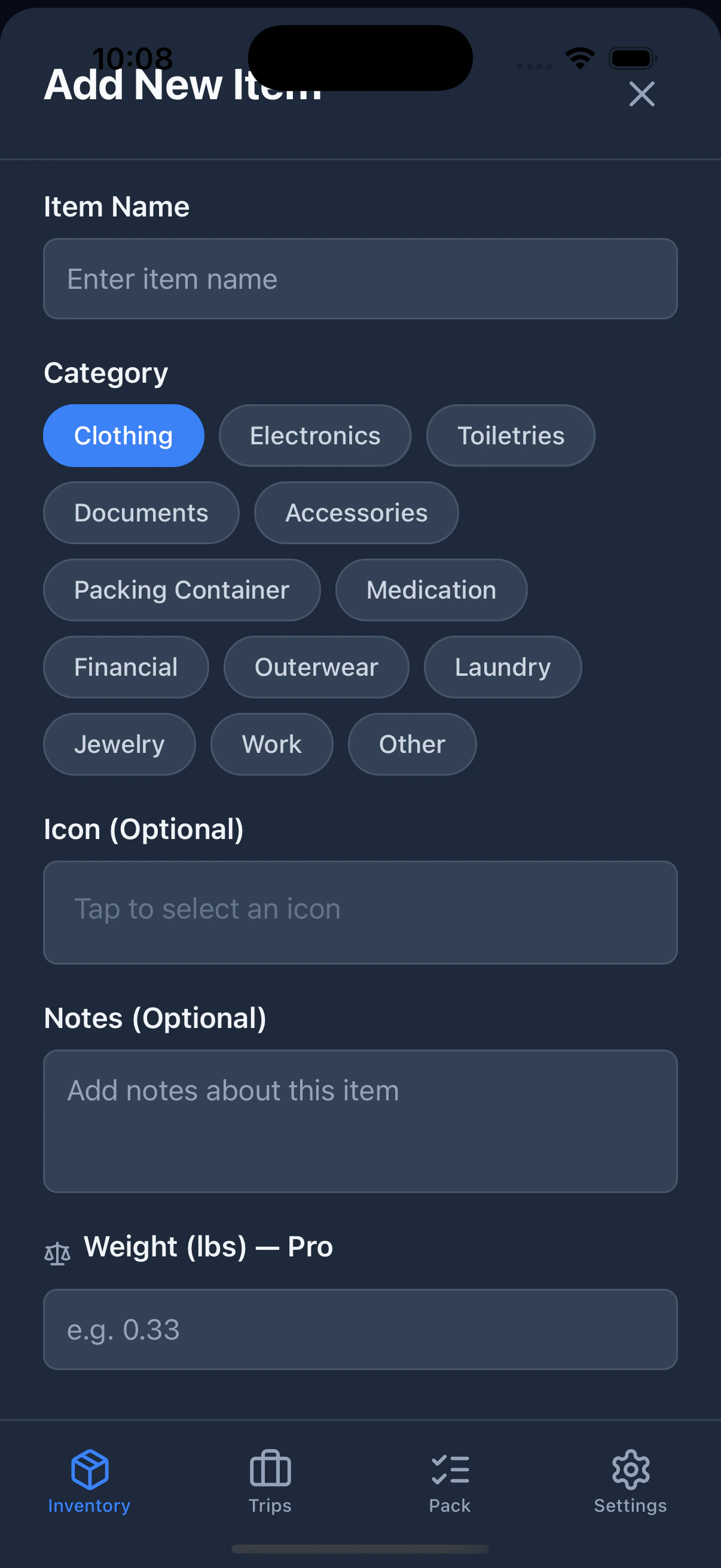 The Add New Item form showing input fields for Name, Category, Icon, and Notes, with a Save button at the bottom.