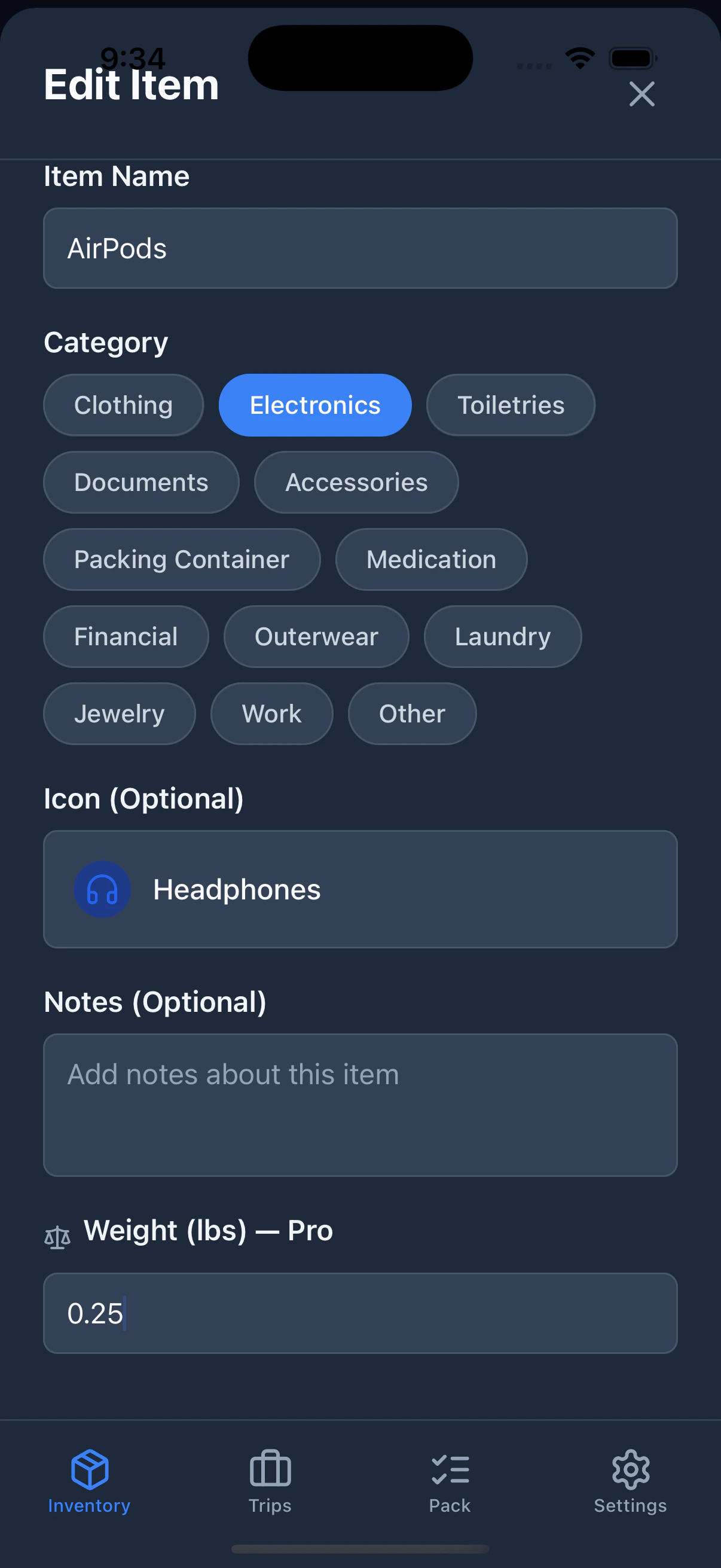 The inventory item edit sheet with a Weight field filled in, showing '1.5 lbs'.