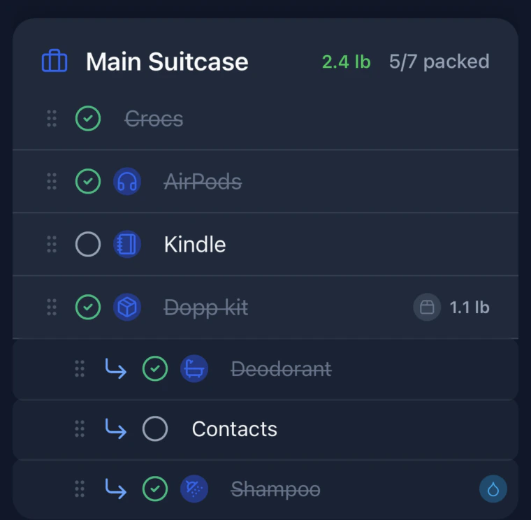 A packing list showing a nested container with its total weight displayed to the right of its name.
