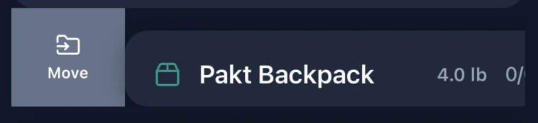A bag section header being swiped right, revealing a gray 'Move' action button with a folder icon.