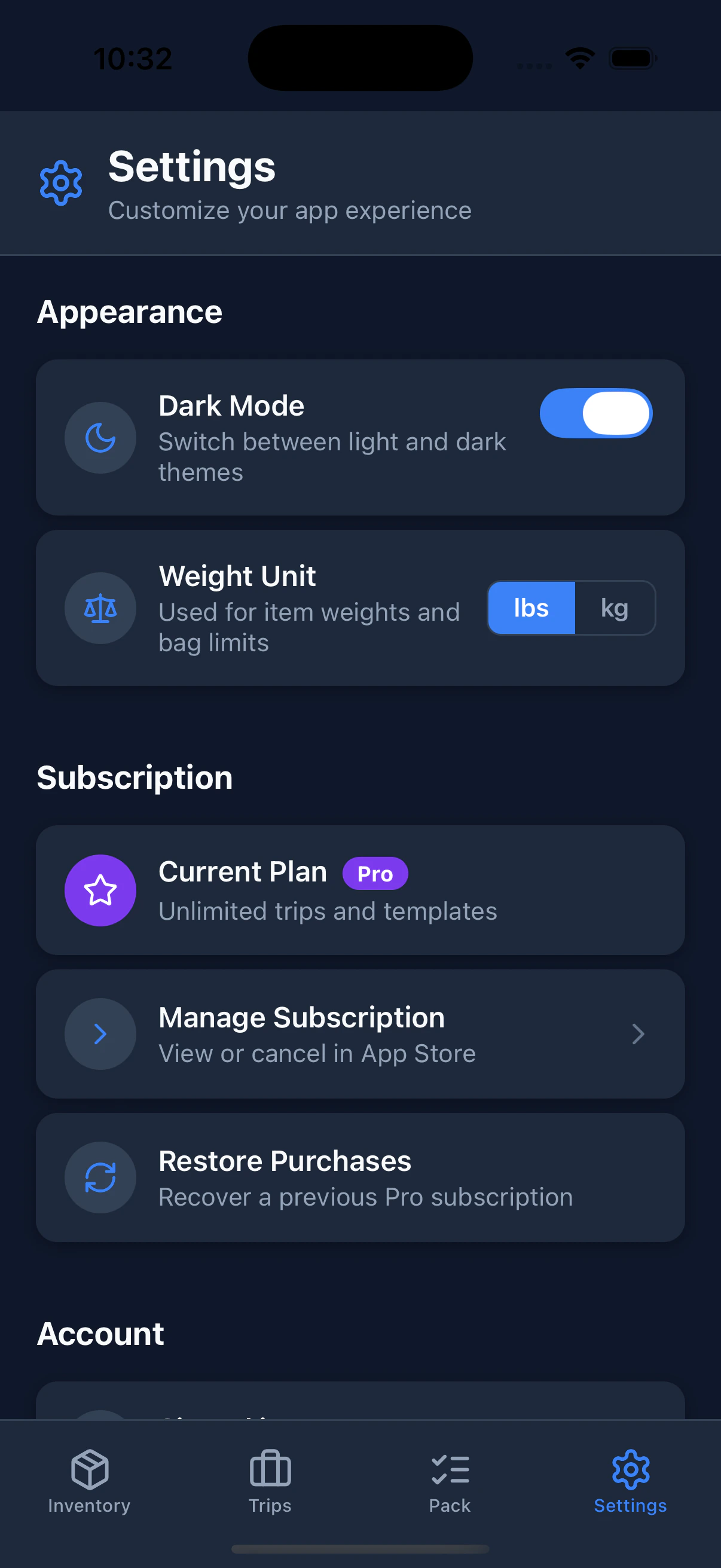 The Settings tab in dark mode. The interface is dark-themed and the Dark Mode toggle is switched on.