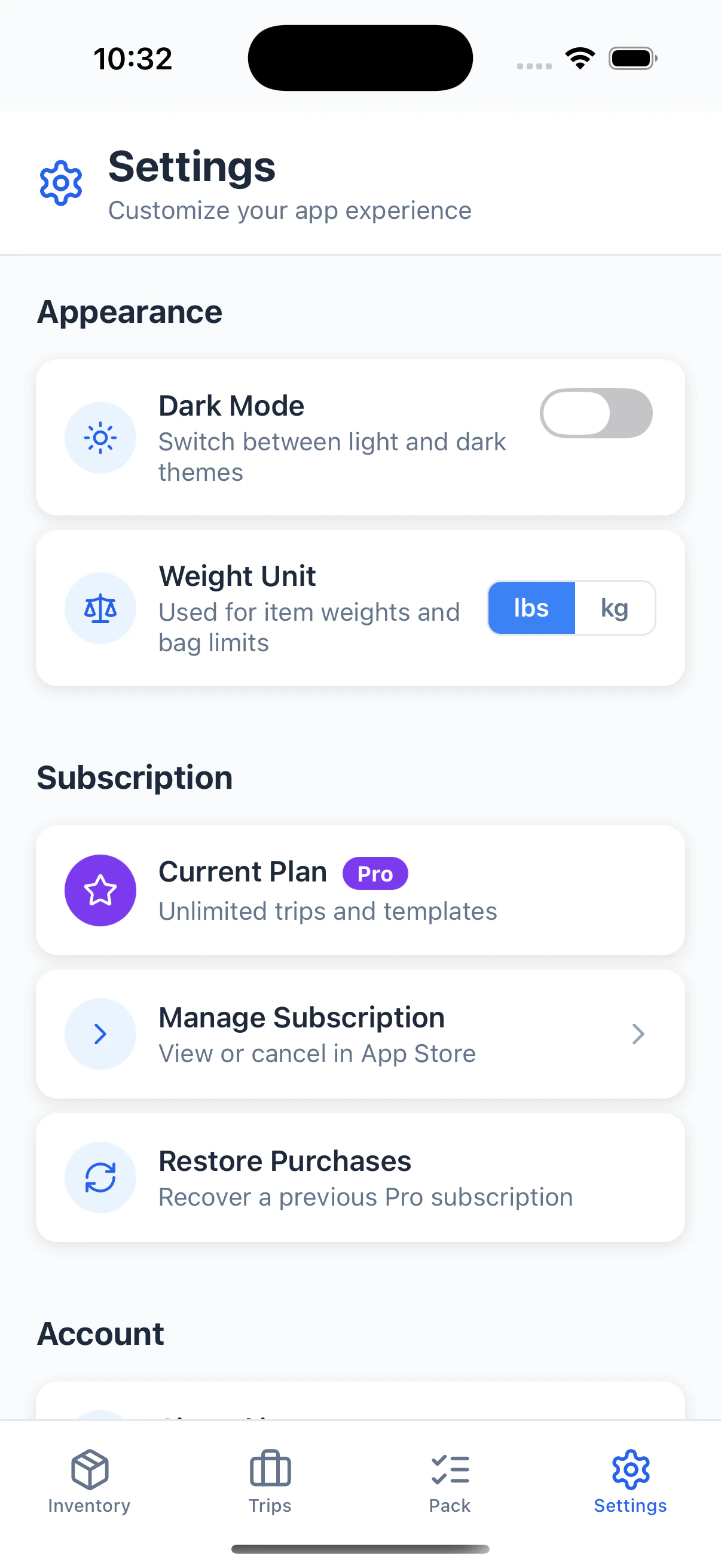 The Settings tab in light mode. The Dark Mode toggle is visible and currently switched off.