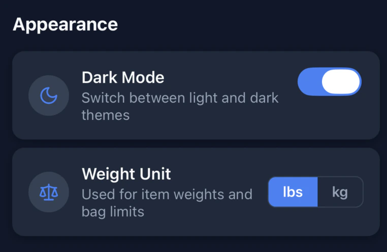 The Settings screen showing a lbs/kg segmented toggle in the Appearance section.