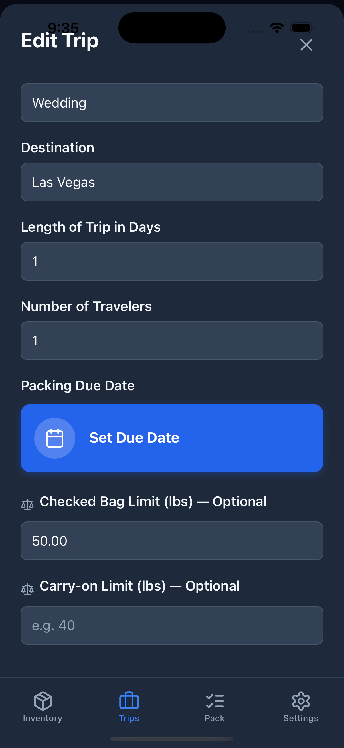 The trip edit sheet showing two weight cap fields: Checked Bag Cap and Carry-on Cap, each with a number input.