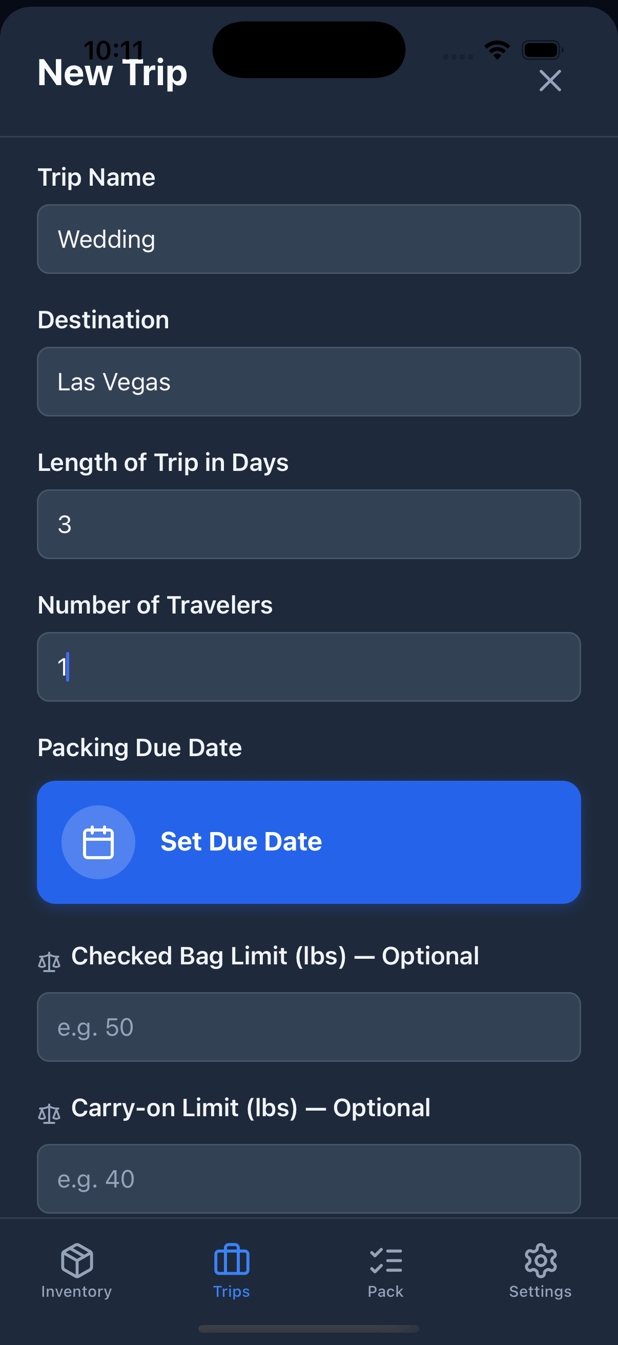The New Trip form showing fields for Name, Destination, Length in days, Travelers, Due Date, Checked Bag Limit, and Carry-on Limit.